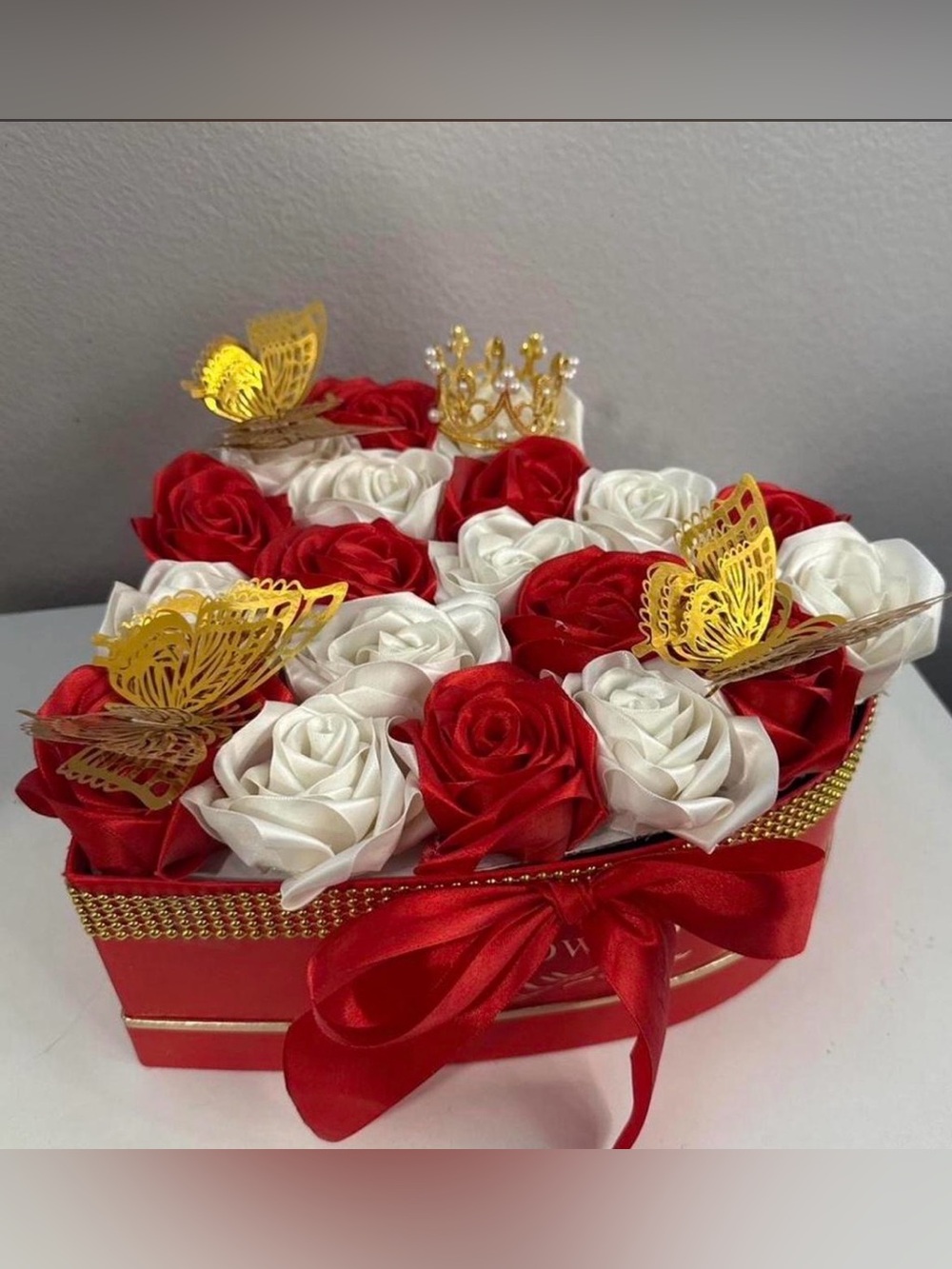 Elegant Red & White Rose Gift Box with Gold Accents